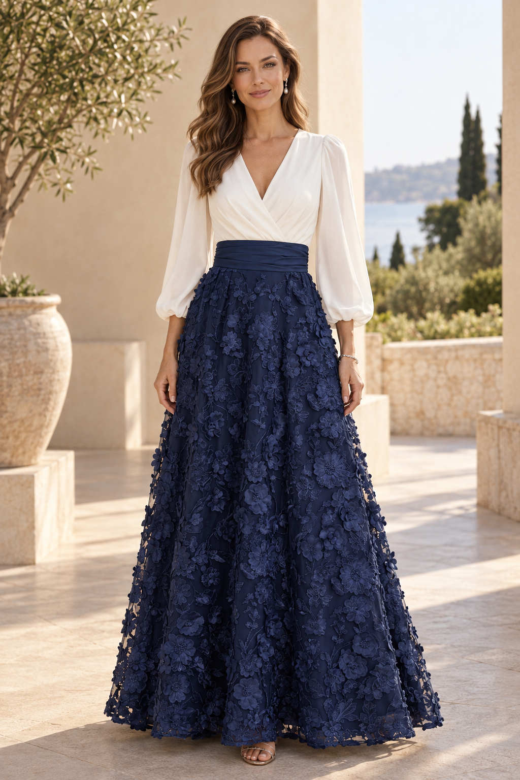 V-Neck Long Sleeve 3D Floral Applique Gown