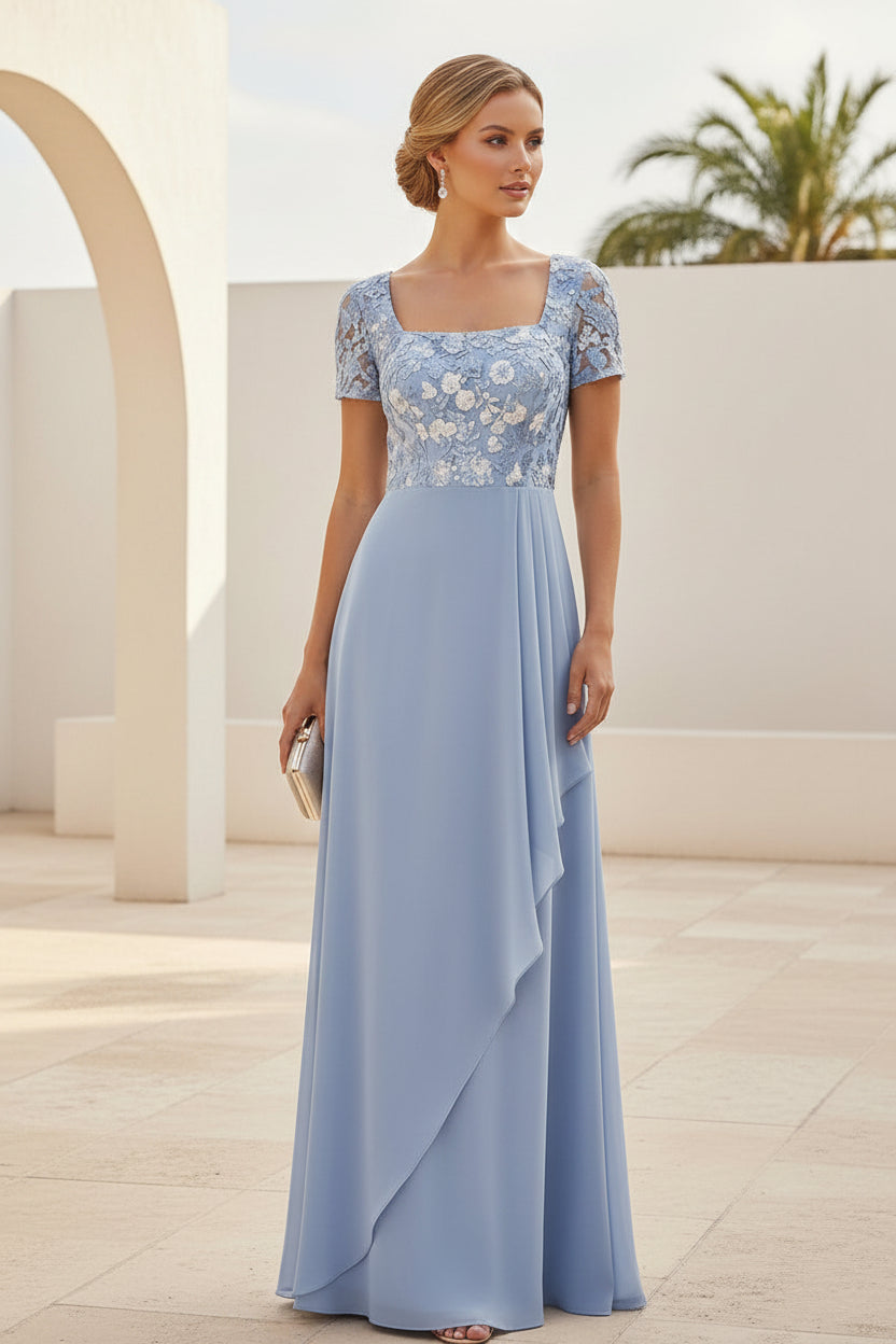 Etuikleid aus Chiffon mit eckigem Ausschnitt und Spitzenoberteil
