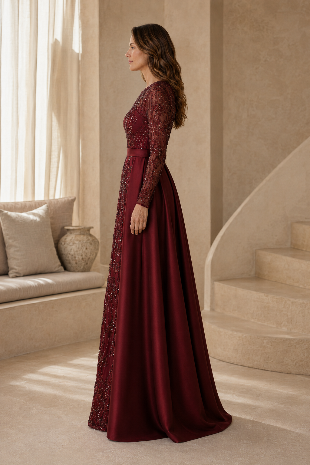 Perlenbesetztes langärmliges Kleid mit Satin-Überrock