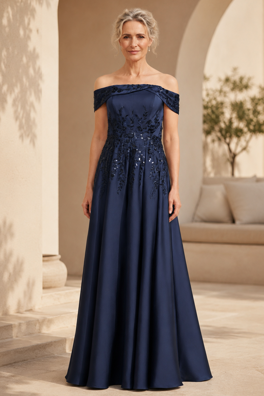 Schulterfreies A-Linien-Abendkleid mit Pailletten-Applikation