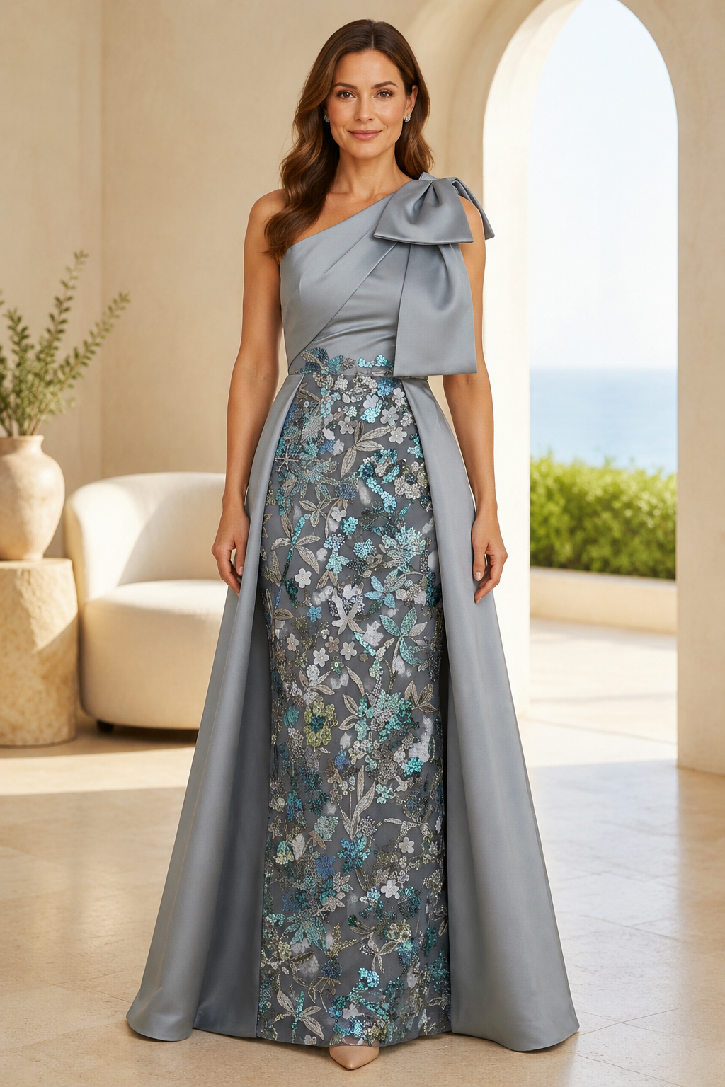 Satin-Abendkleid mit einer Schulter, Blumenpanel und Schleife