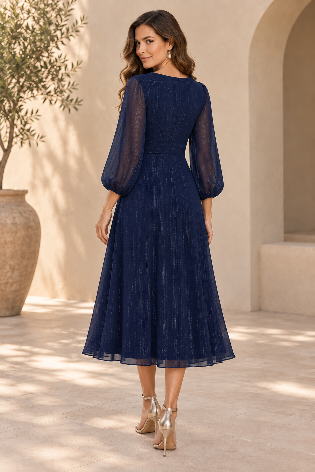 Shimmer V-Neck Long Sleeve Midi Dress