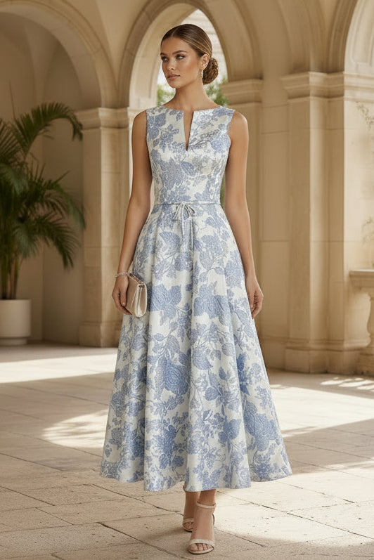 Blumen-Jacquard A-Linien-Kleid in Teelänge
