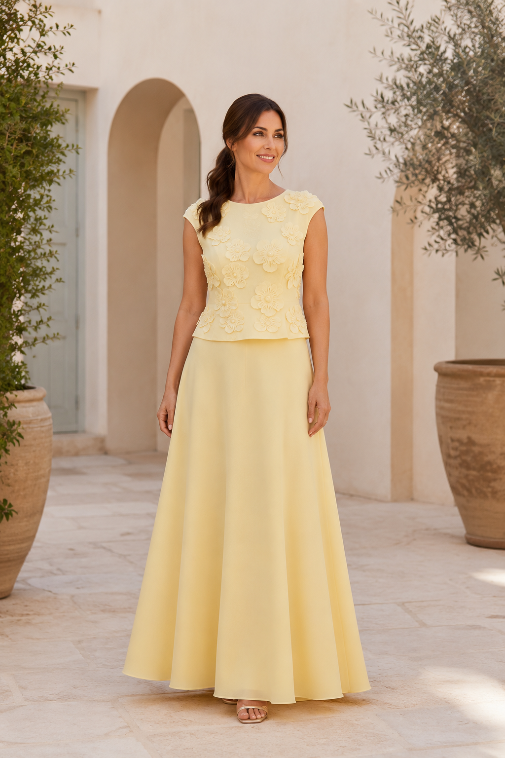 Zweiteiliges A-Linien-Abendkleid mit 3D-Blütentop