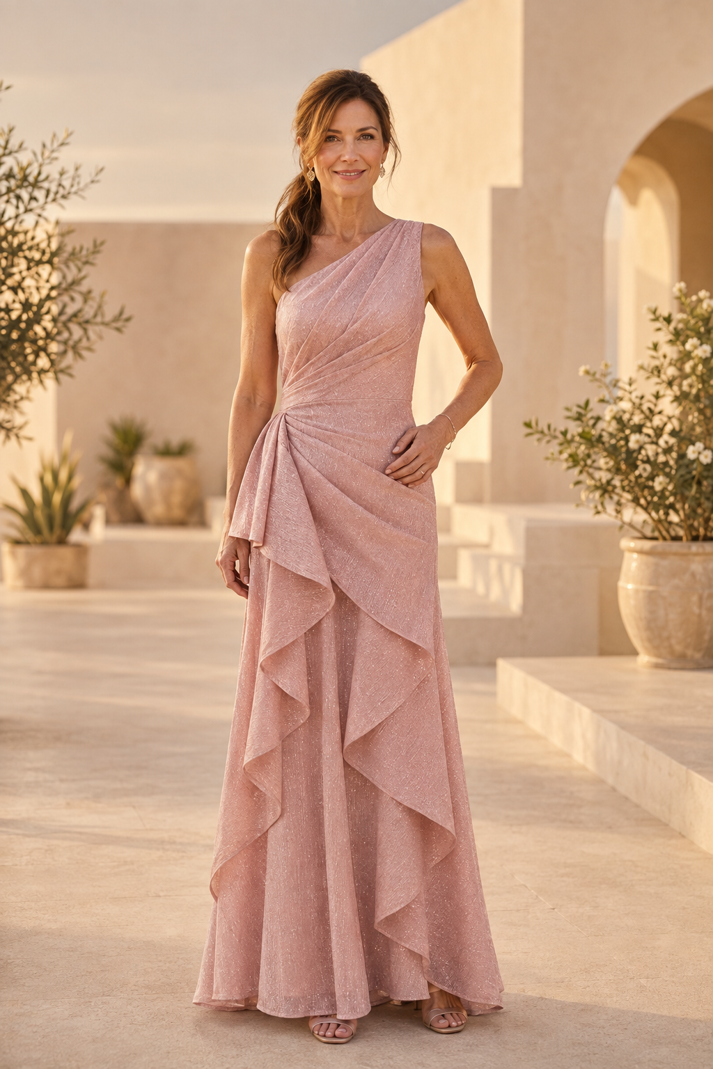 Asymmetrisches schimmerndes Abendkleid mit seitlicher Rüsche