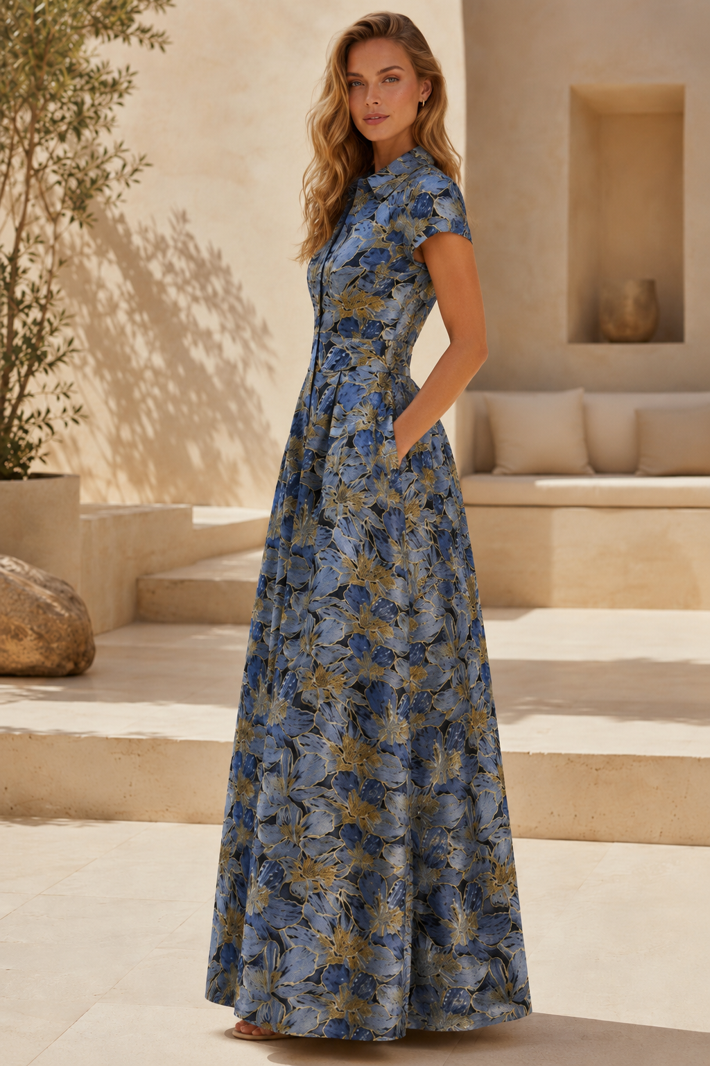 Geblümtes Maxikleid mit Kragen, kurzen Ärmeln und Taschen