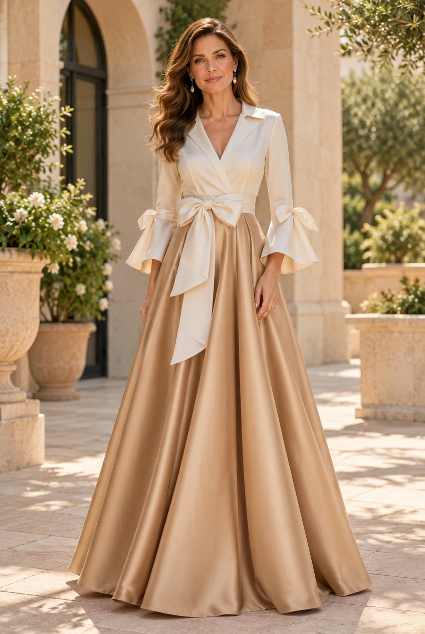 A-Line Gown with Lapel Collar and Flared Sleeves