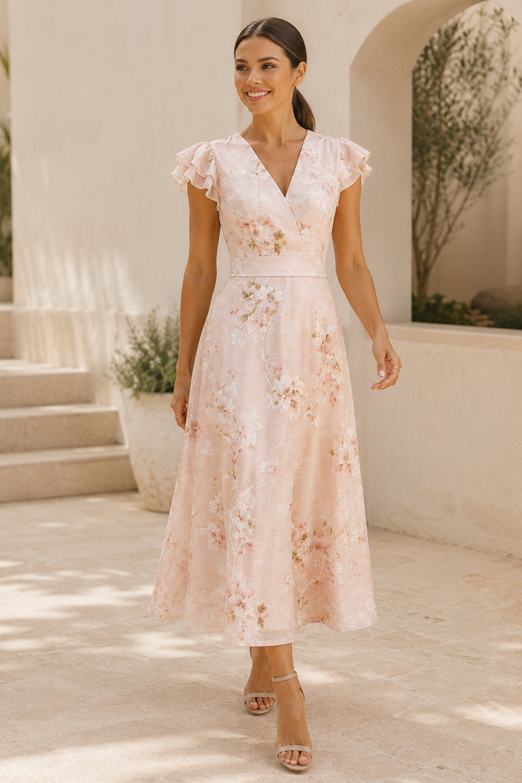 Geblümtes V-Ausschnitt Midikleid mit Volantärmeln