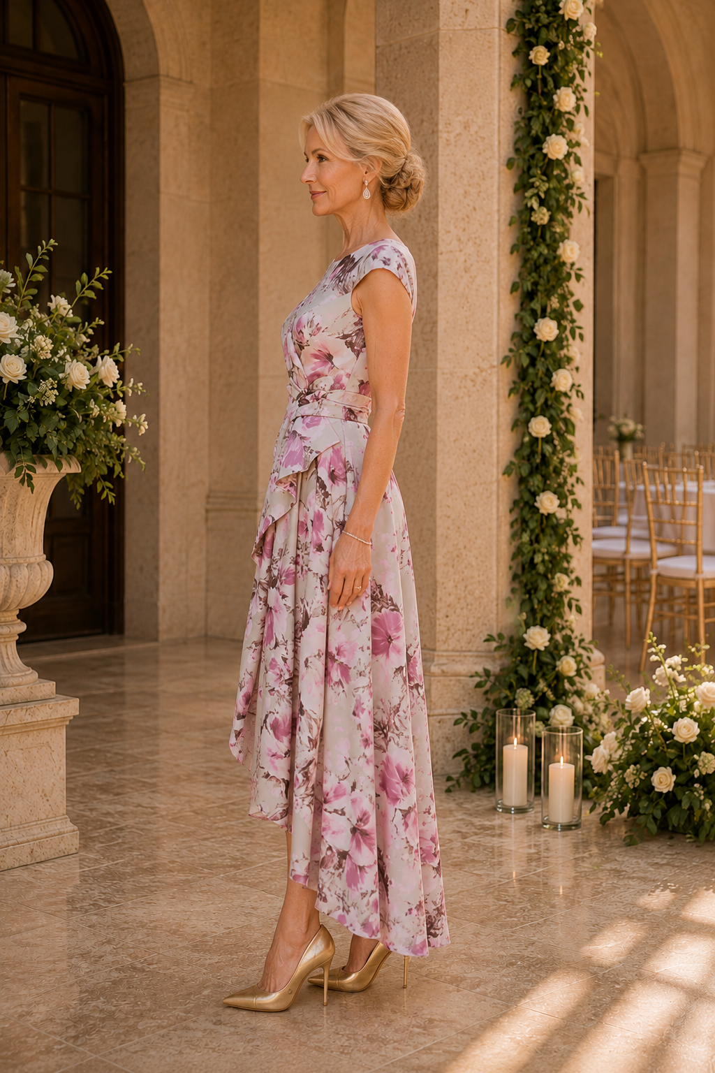 Geblümtes High-Low A-Linien-Kleid mit Flügelärmeln
