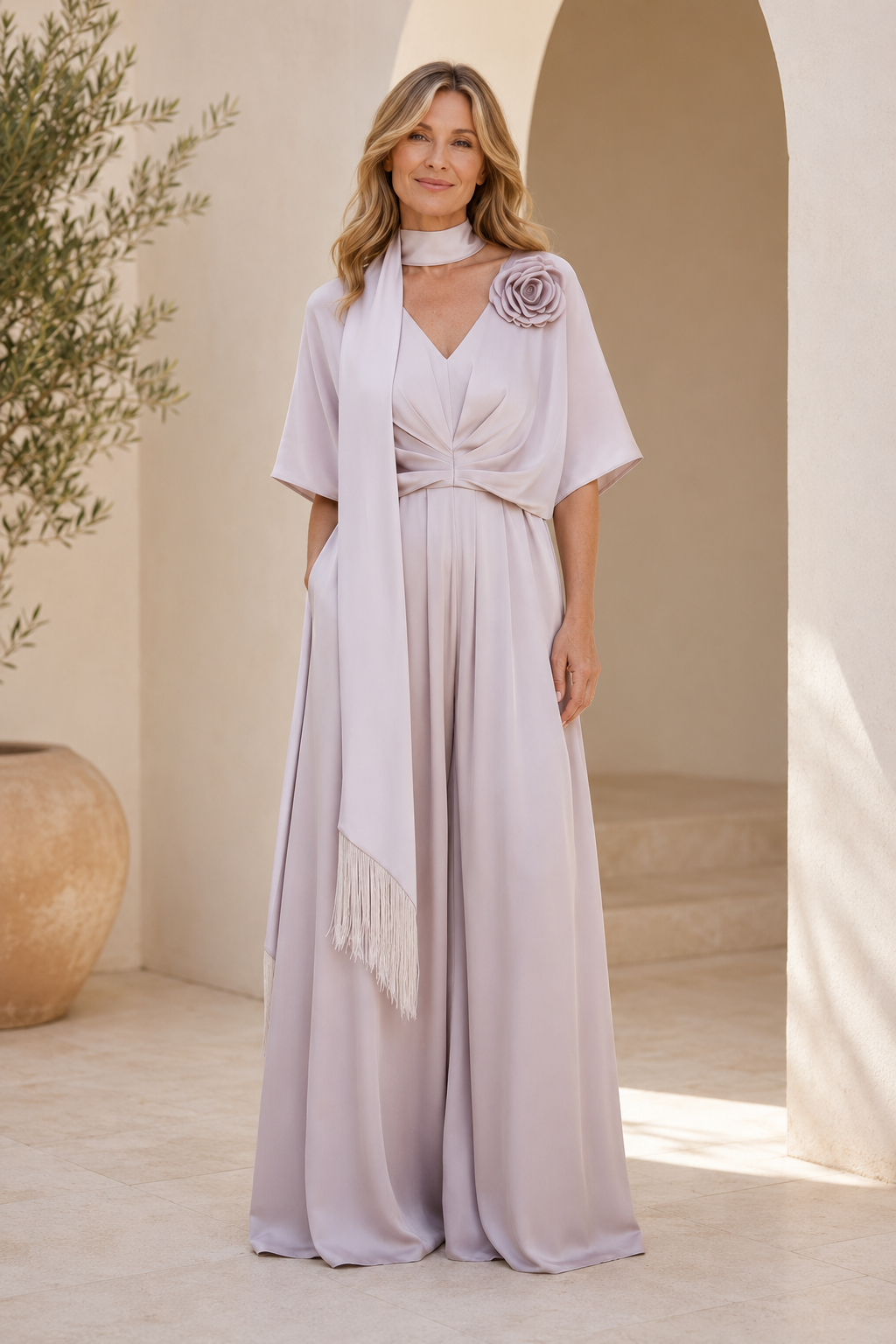 Weites Overall mit Schal und Blumenapplikation