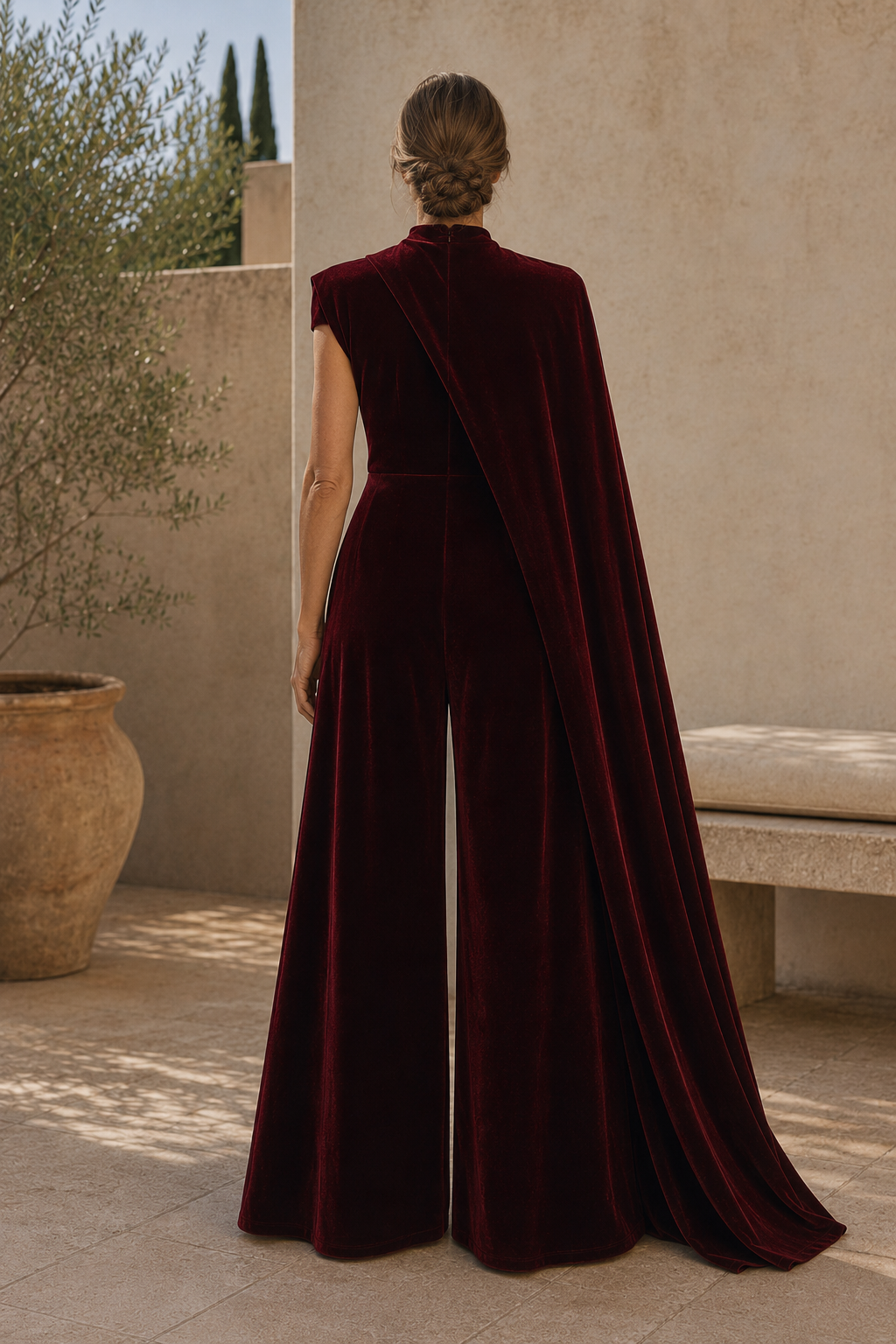 Jumpsuit aus Samt mit weitem Bein und Cape an einer Schulter