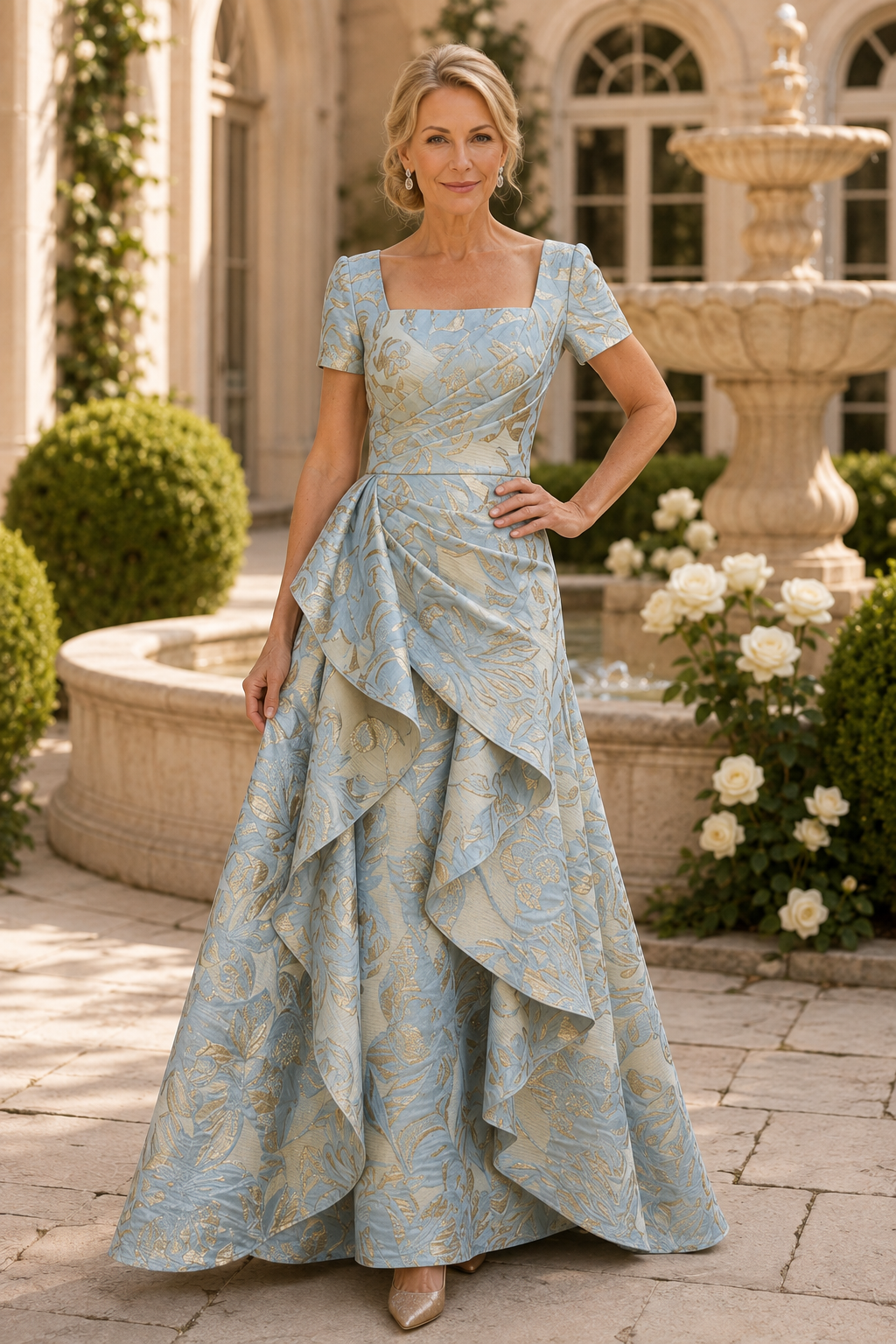 Kurzarm-A-Linien-Kleid aus Jacquard mit gestuften Rüschen