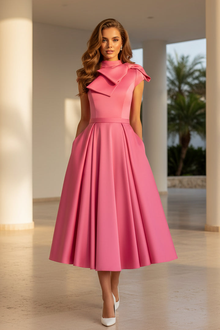 Midi-A-Linien-Kleid mit hohem Kragen, Schleife und Taschen
