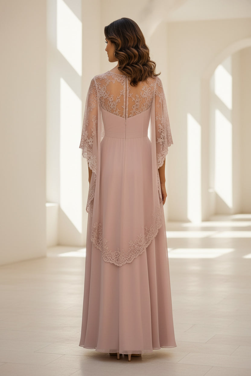 Abendkleid aus Chiffon mit Spitzenumhangärmeln