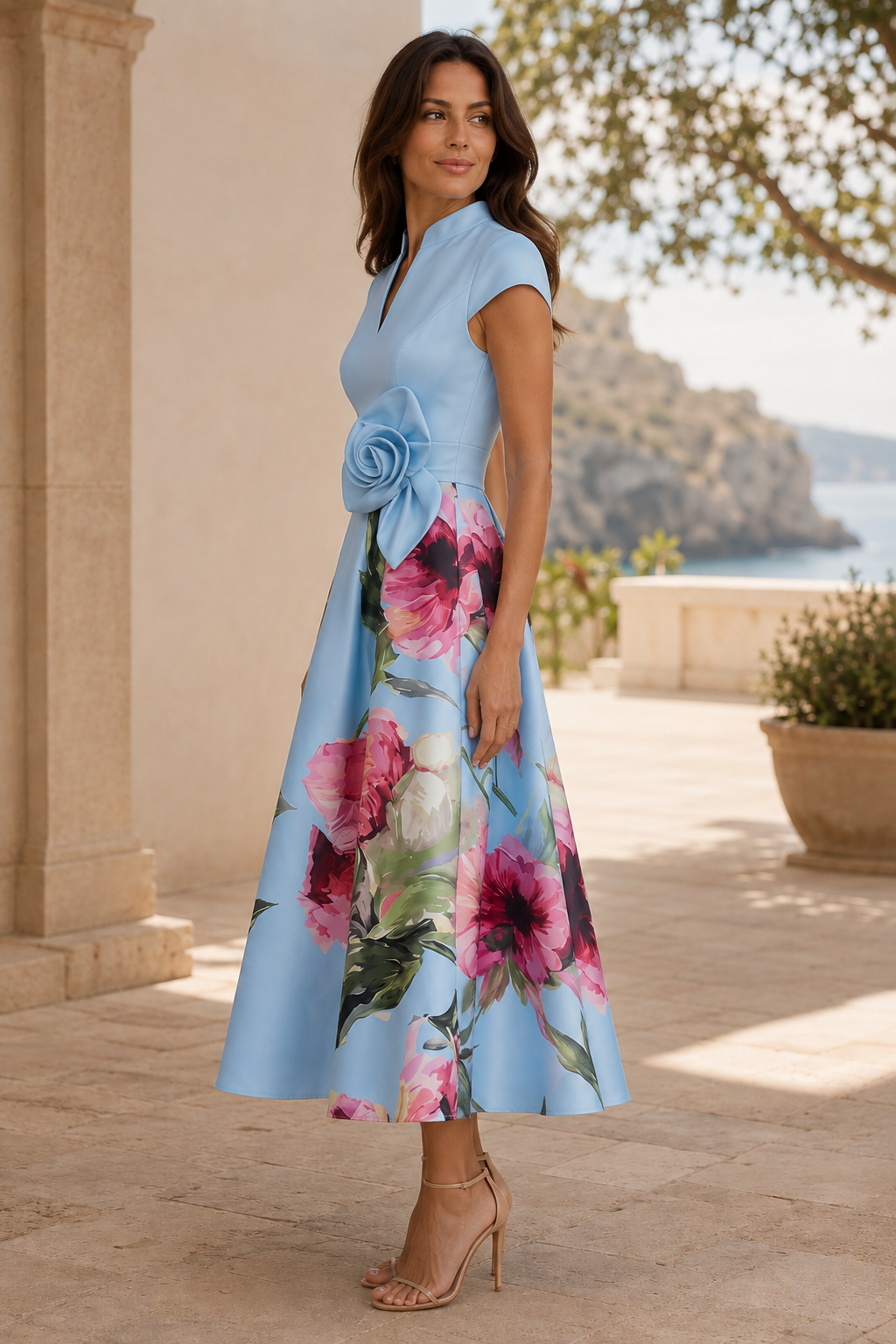 Geblümtes A-Linien Midikleid mit Rosettentaille