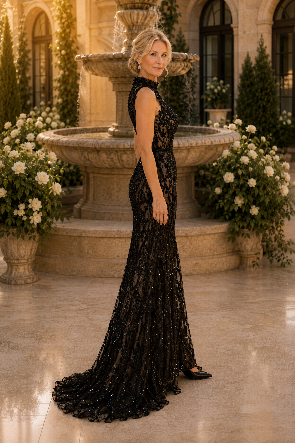 Abendkleid mit hohem Kragen, Pailletten und Meerjungfrauen-Spitze