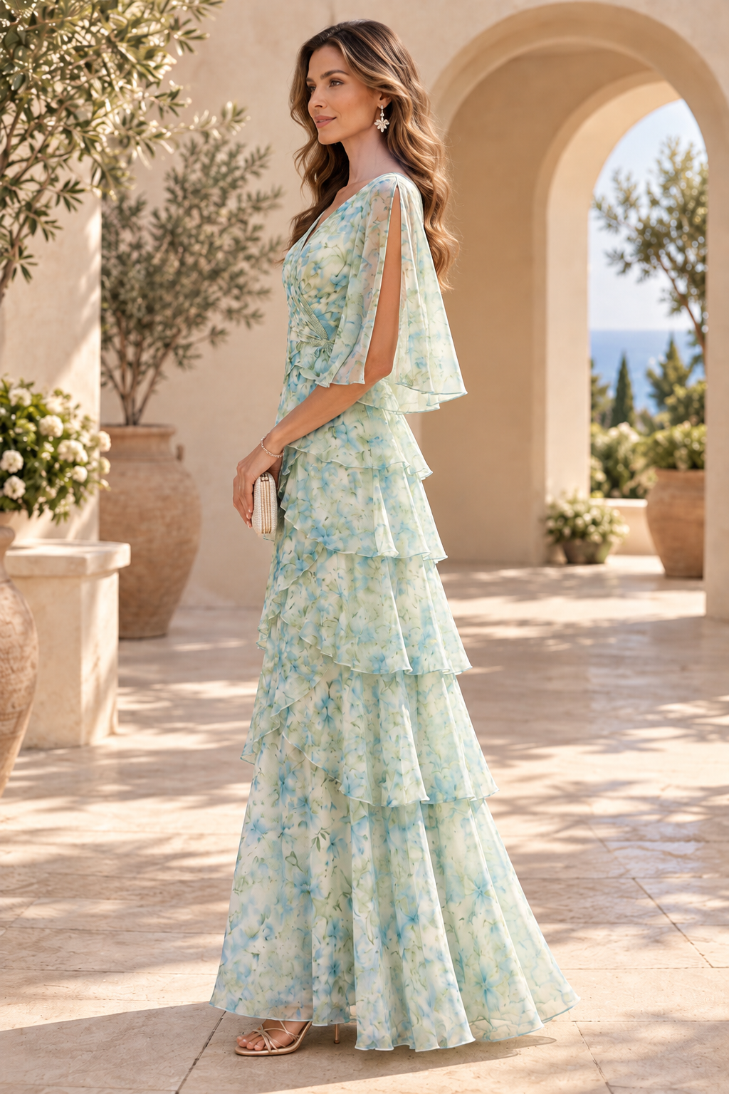 Tiered Floral Print Maxi Dress with Flutter Sleeves