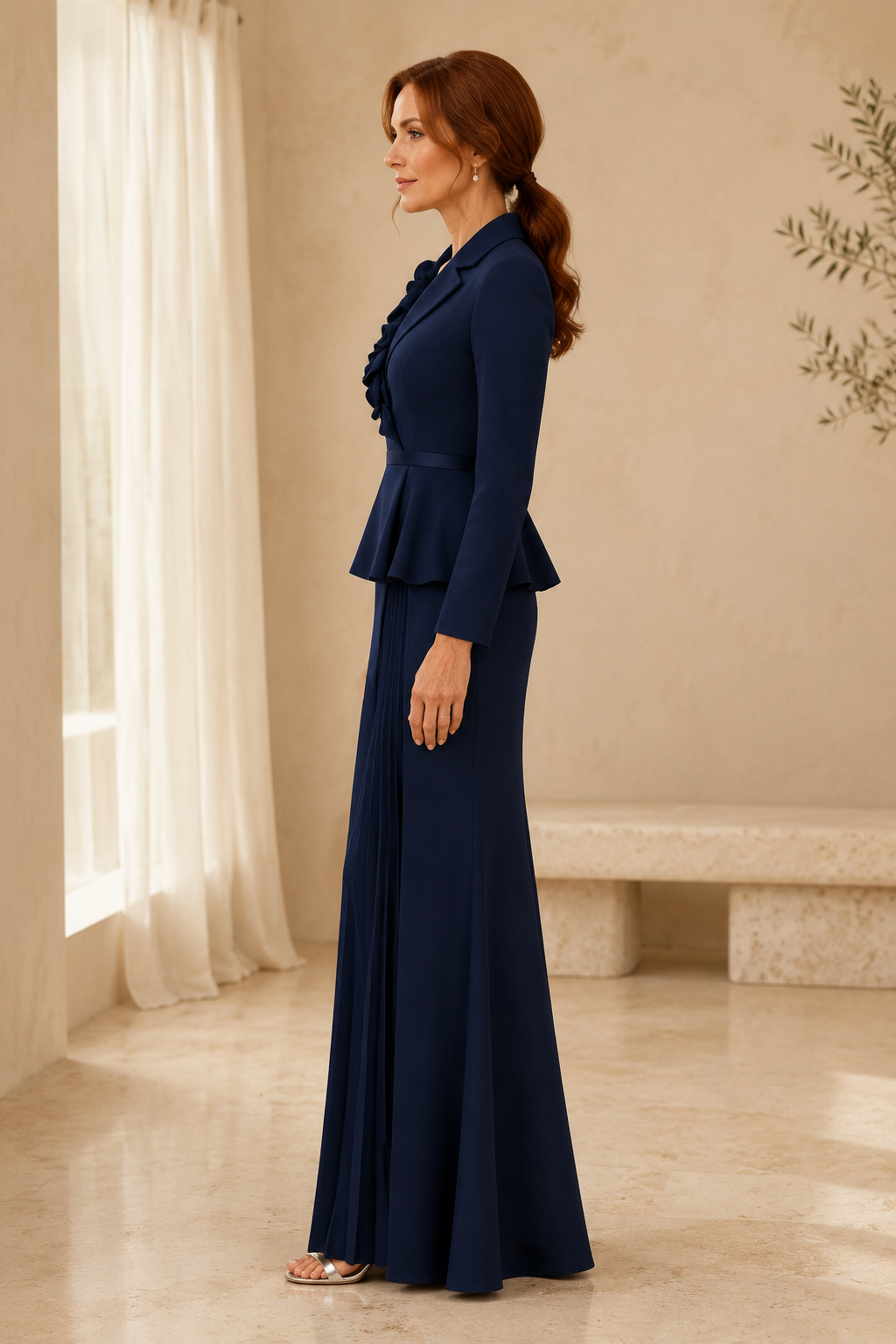 Langärmelige Schößchen-Jacken-Robe mit Blumenkragenverzierung