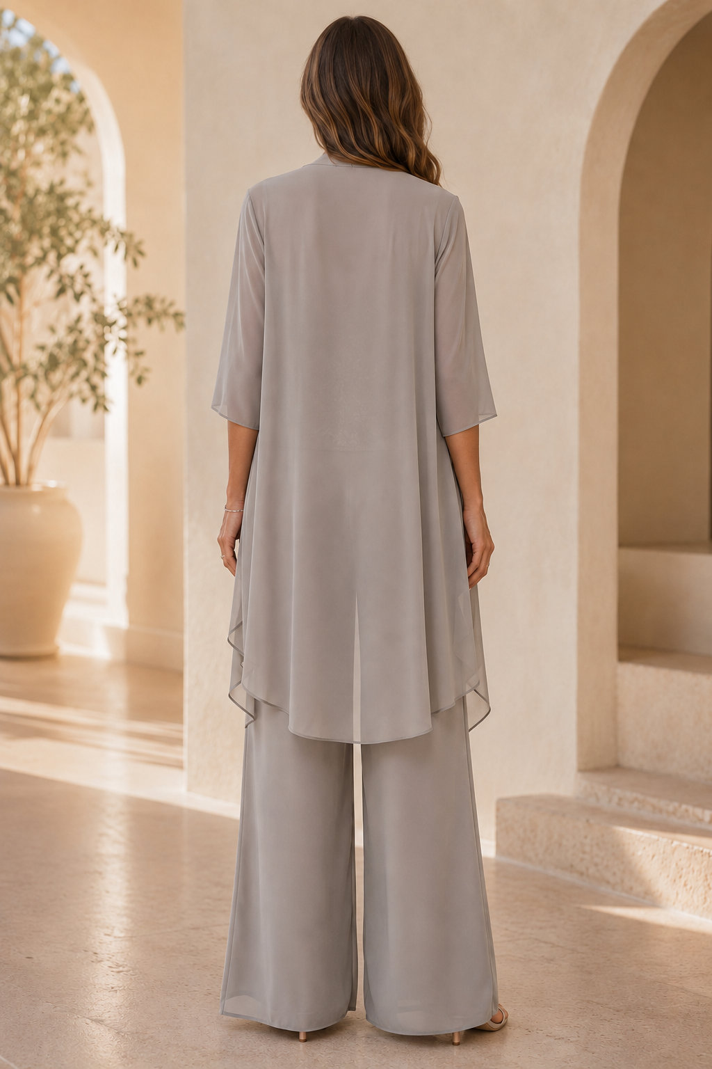 Chiffon-Hosenanzug 3-teilig mit besticktem Oberteil