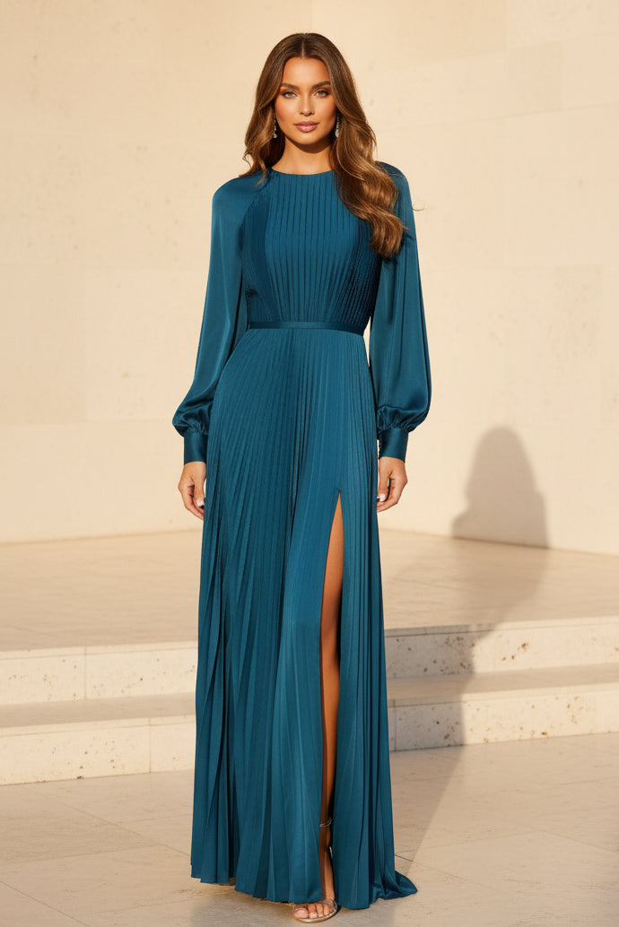 Plissiertes Abendkleid in A-Linie mit langen Ärmeln
