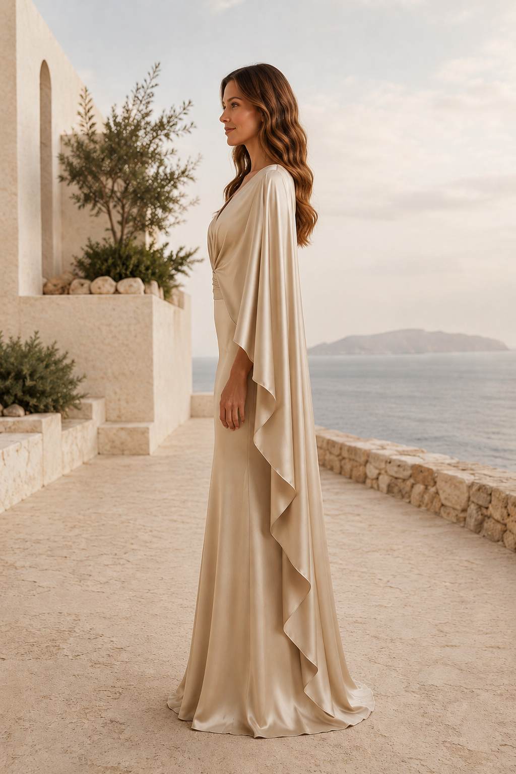Langärmliges Satin-Meerjungfrauenkleid mit Cape-Drapierung