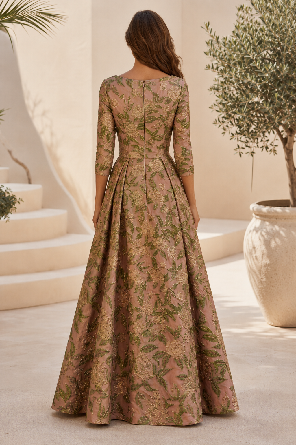 Geblümtes Jacquard A-Linien-Kleid mit 3/4-Ärmeln