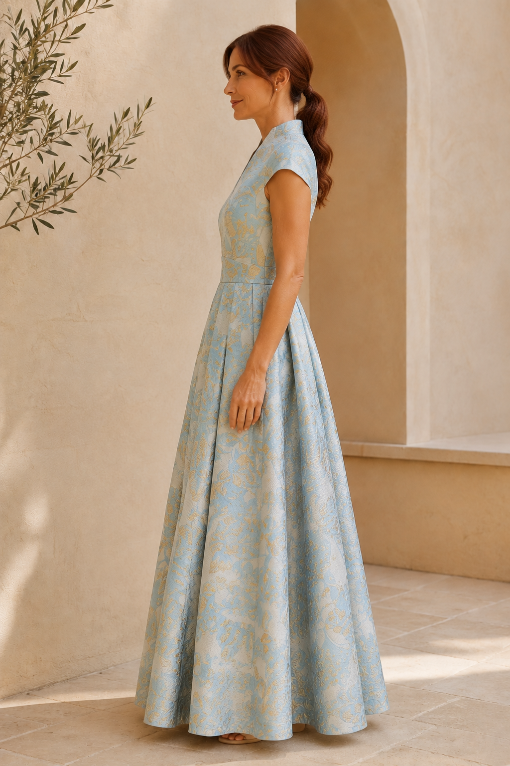 Blumengemustertes Jacquard-Kleid in A-Linie mit V-Ausschnitt und Flügelärmeln