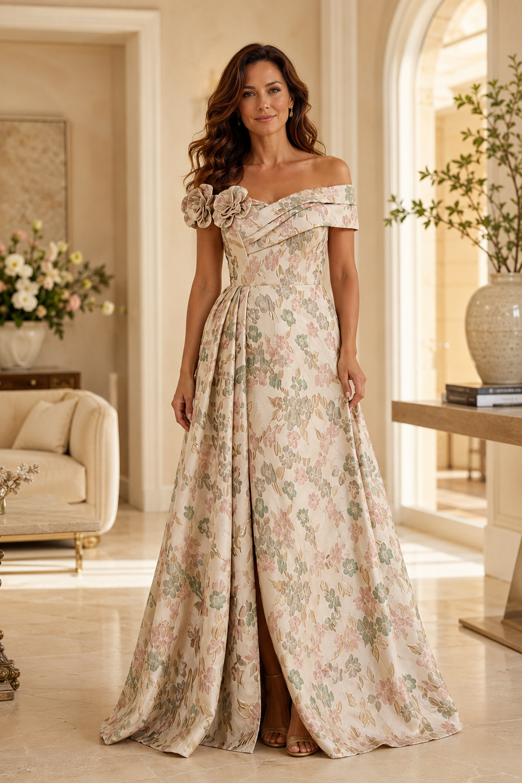 Schulterfreies Jacquard-Abendkleid mit Blumenmuster in A-Linie