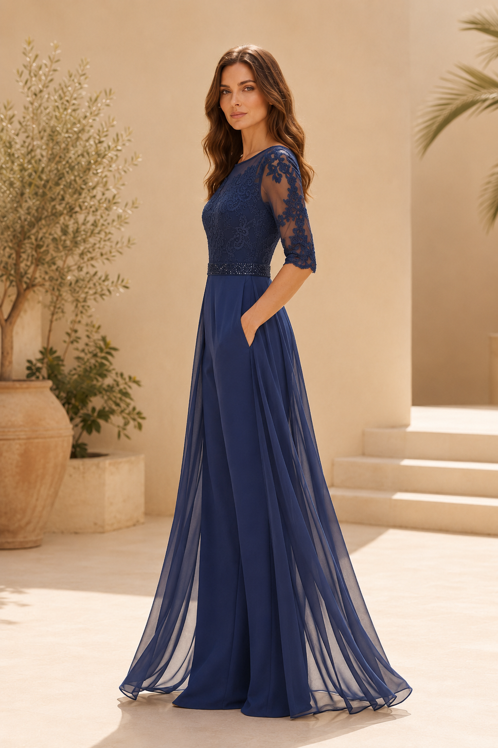 Jumpsuit mit Spitzenmieder und Chiffon-Überrock