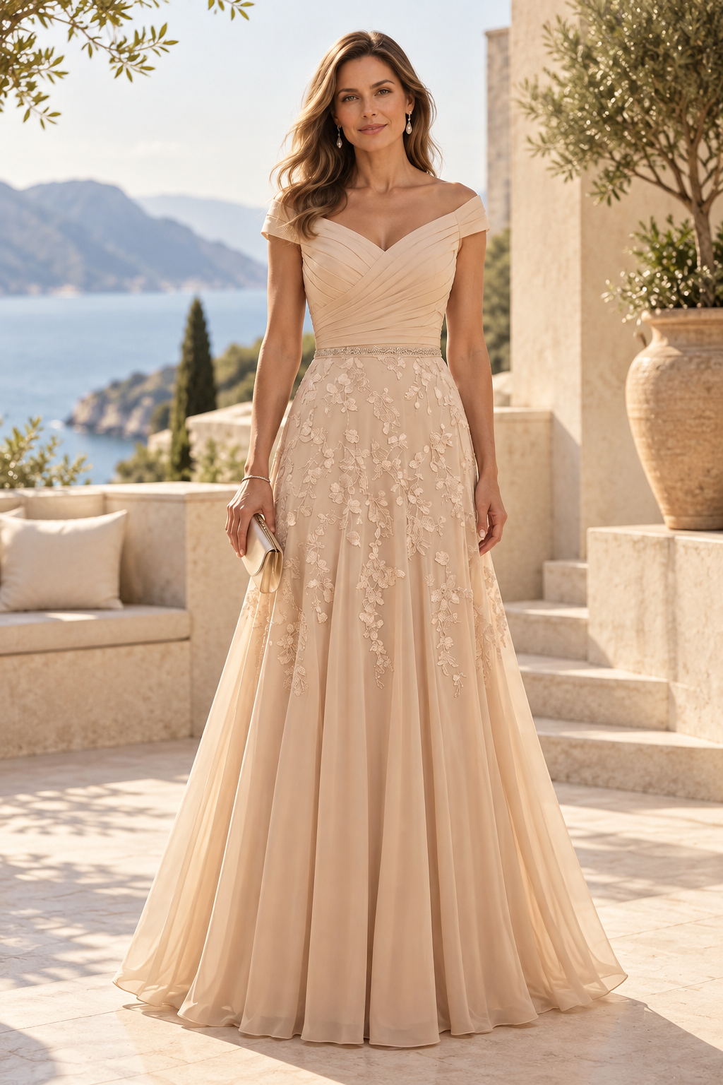 Off-the-Shoulder Pleated A-Line Gown with Appliques