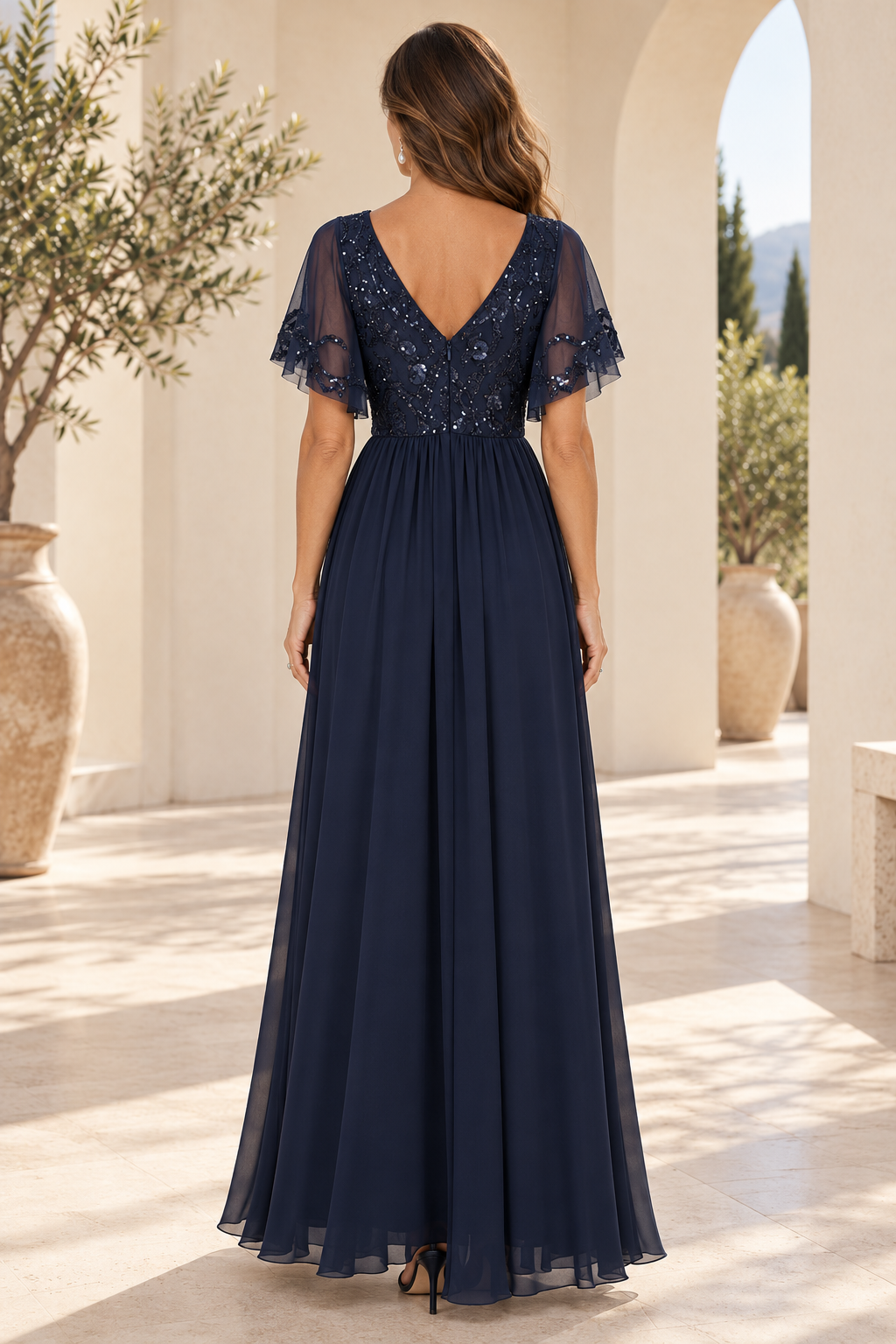 Sequin V-Neck A-Line Gown with Flutter Sleeves