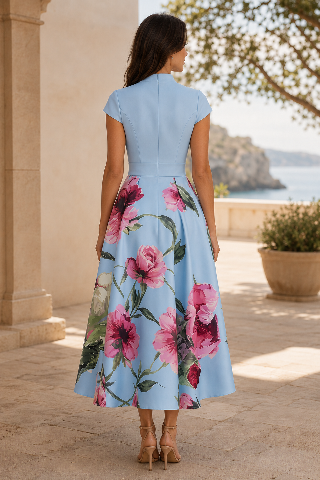 Geblümtes A-Linien Midikleid mit Rosettentaille