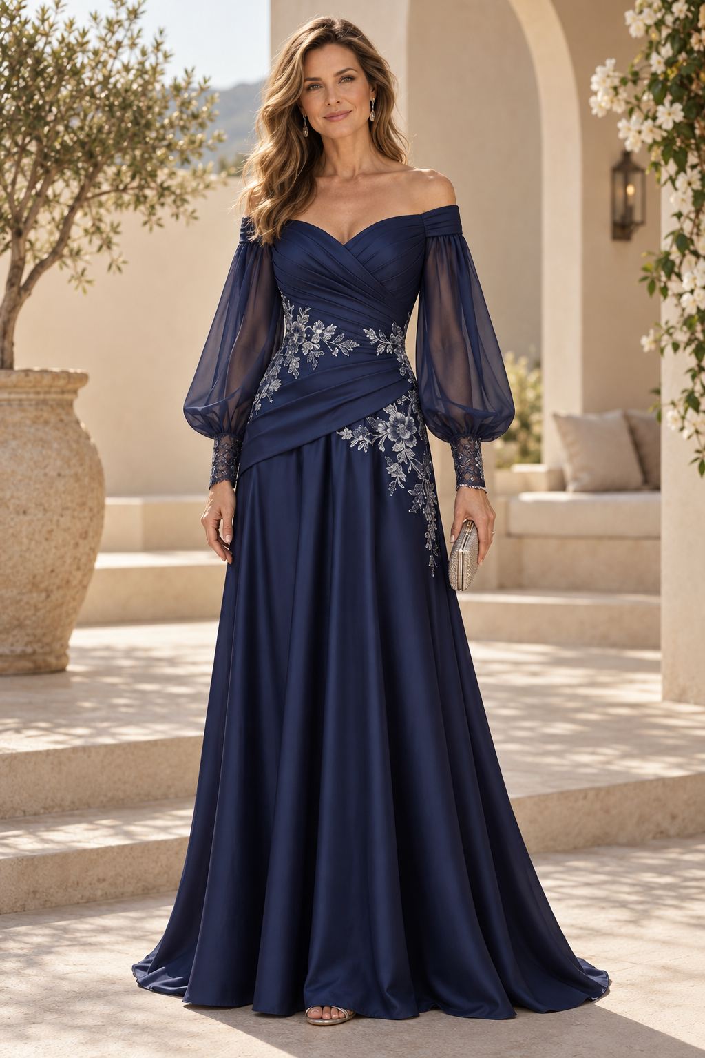 Off-the-Shoulder Floral Applique Evening Gown