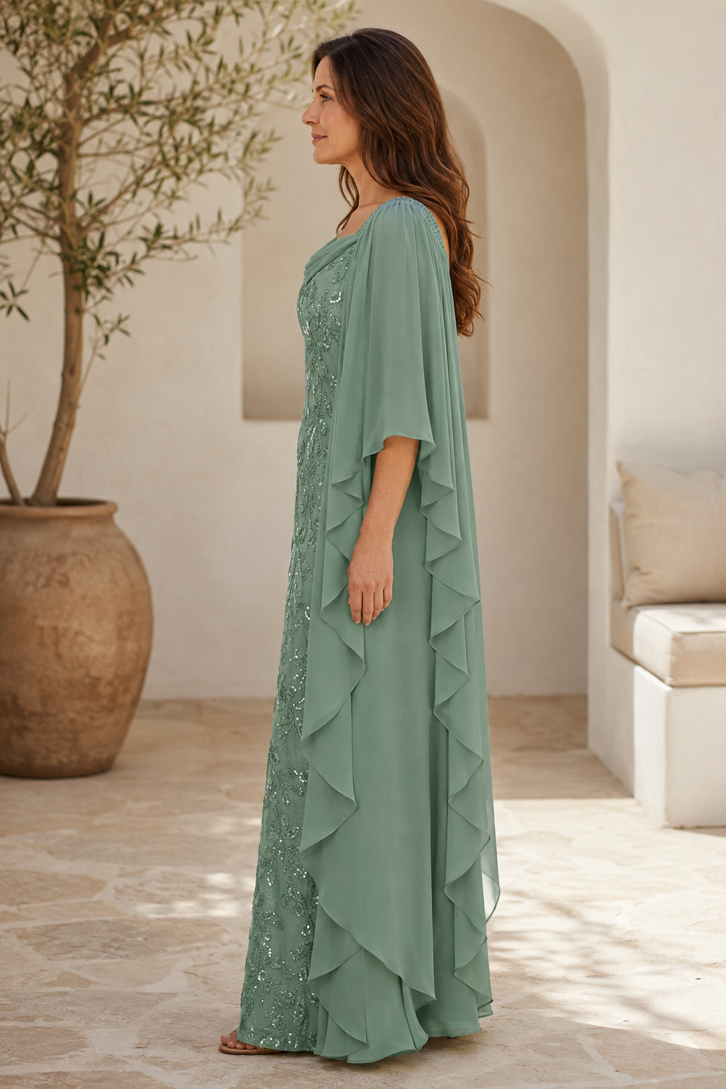 Pailletten-Spitzenkleid mit Chiffon-Schleppenärmeln und Wasserfallausschnitt
