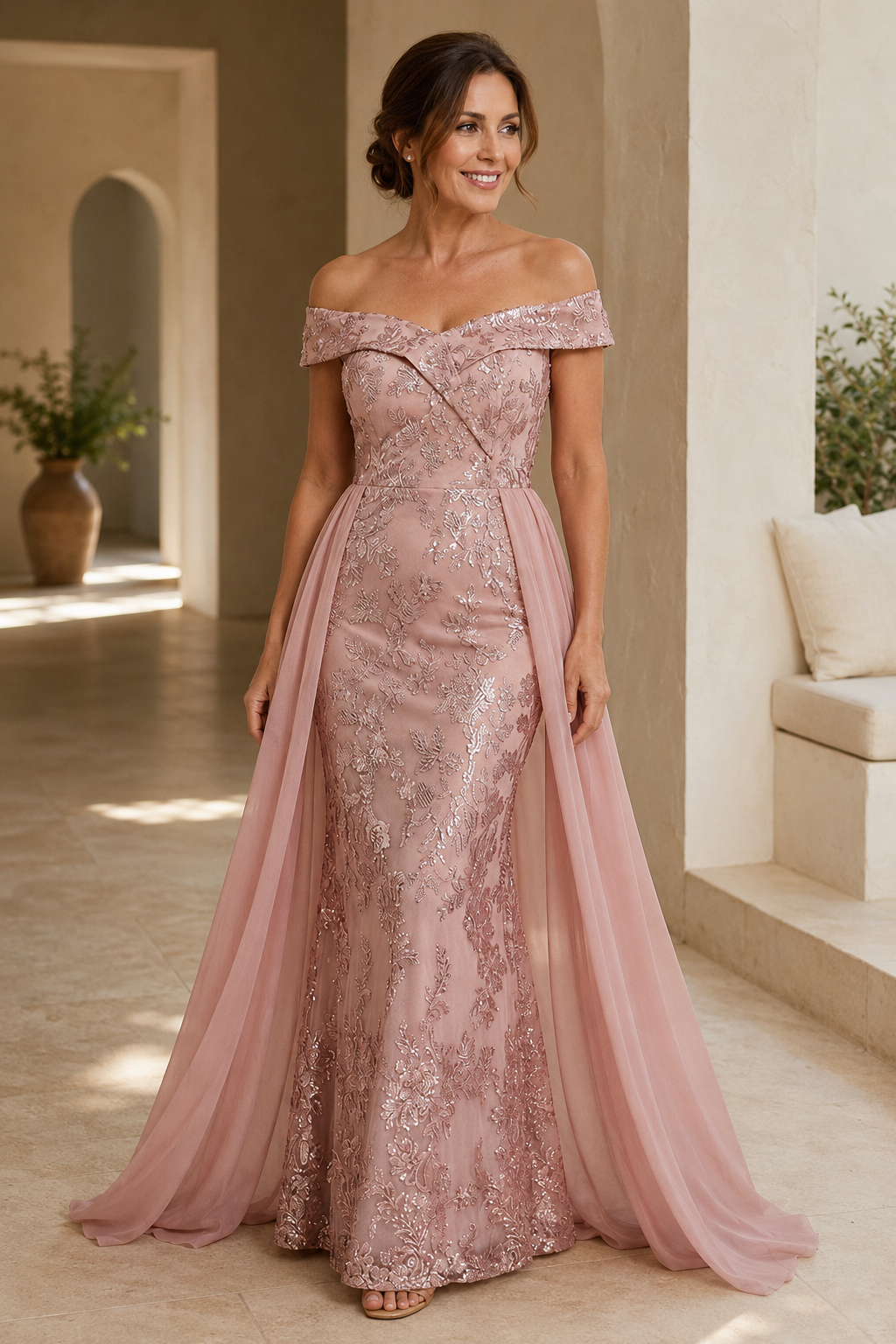 Off-Shoulder Meerjungfrauenkleid aus Spitze mit Überrock