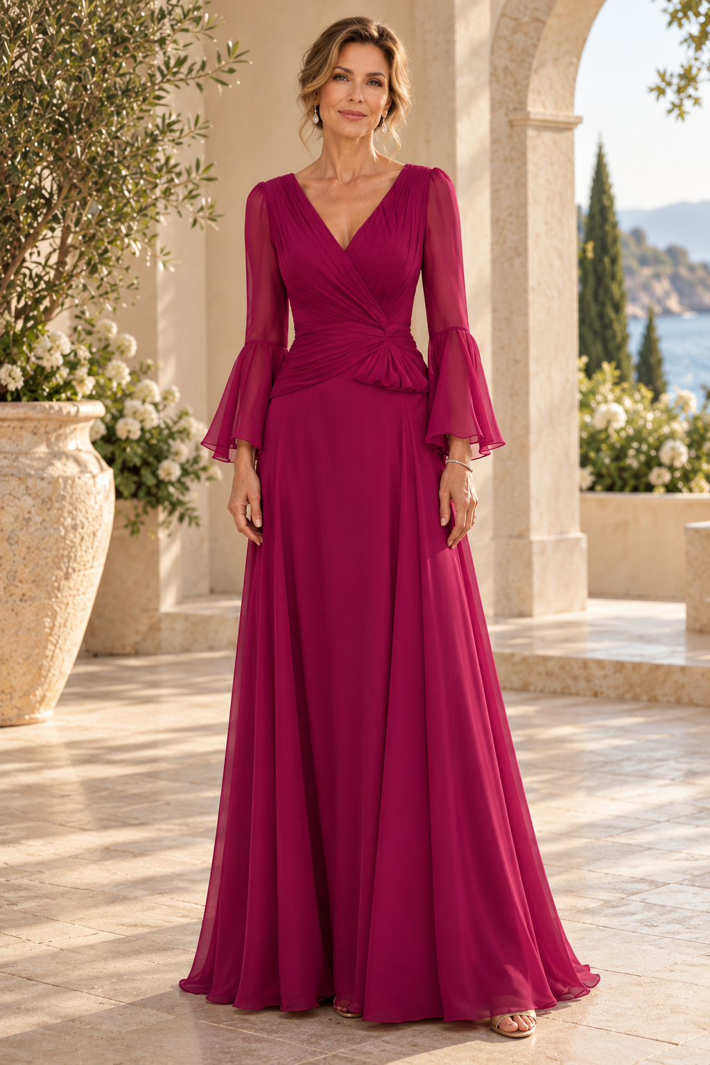Pleated V-Neck A-Line Gown with Bell Sleeves