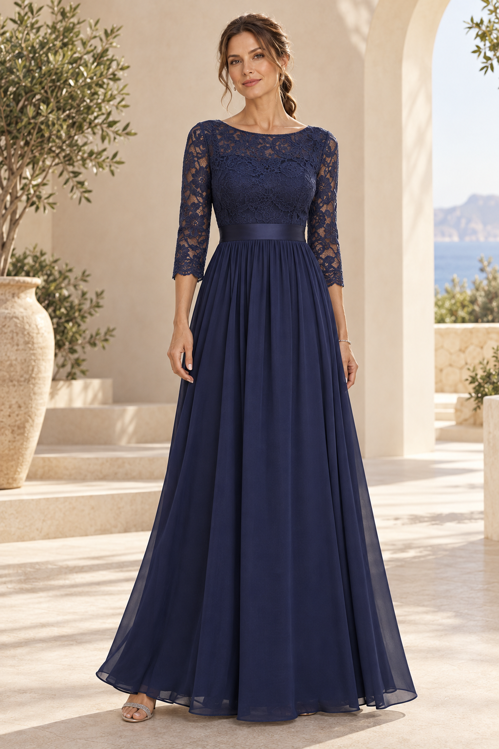 Lace Bodice 3/4 Sleeve A-Line Floor-Length Gown