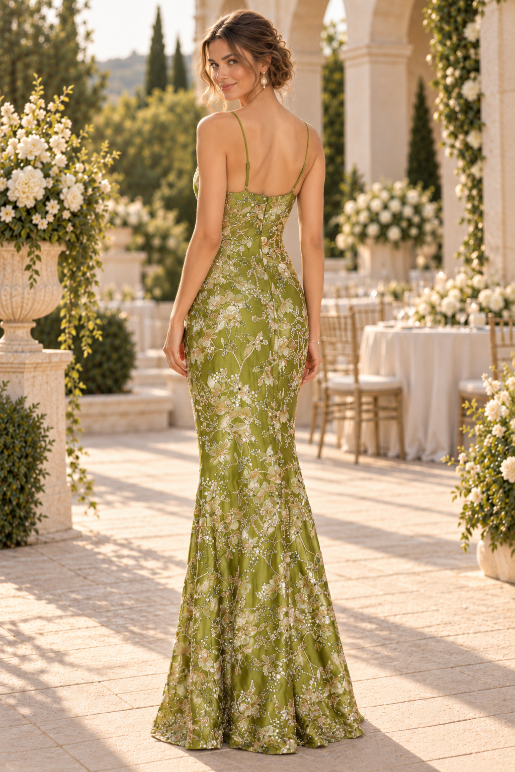 Embroidered Floral Sequin Spaghetti Strap Gown