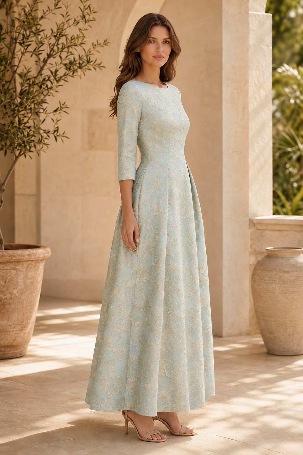 Bateau-Ausschnitt 3/4-Arm Brokat A-Linien Maxikleid
