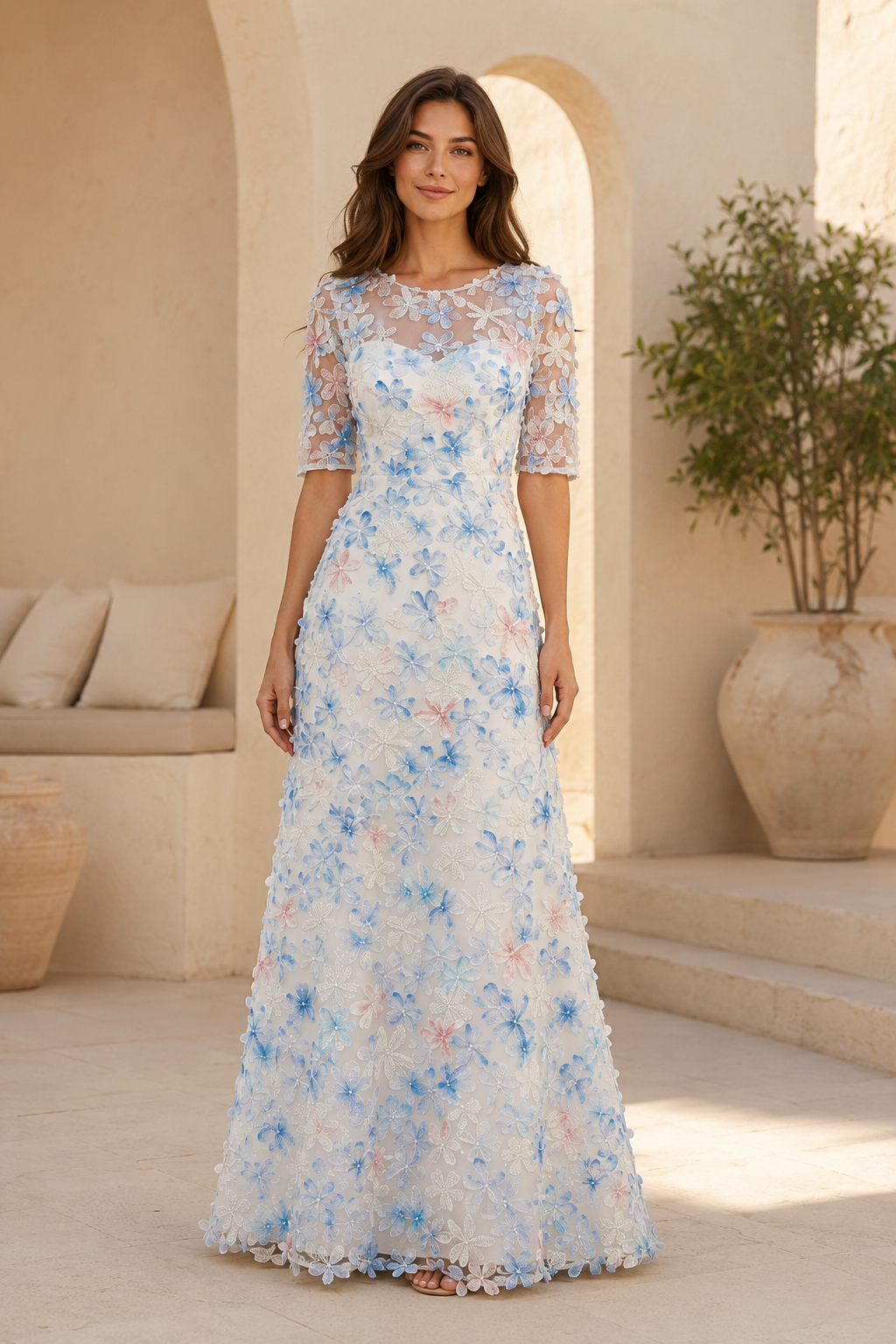 3D-Blumenapplikationen A-Linien-Illusion-Kleid