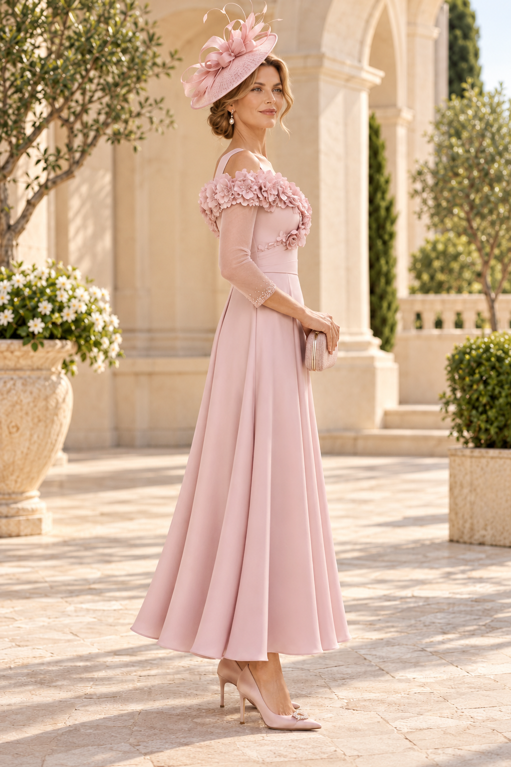 3D Floral Cold-Shoulder Tea-Length A-Line Dress