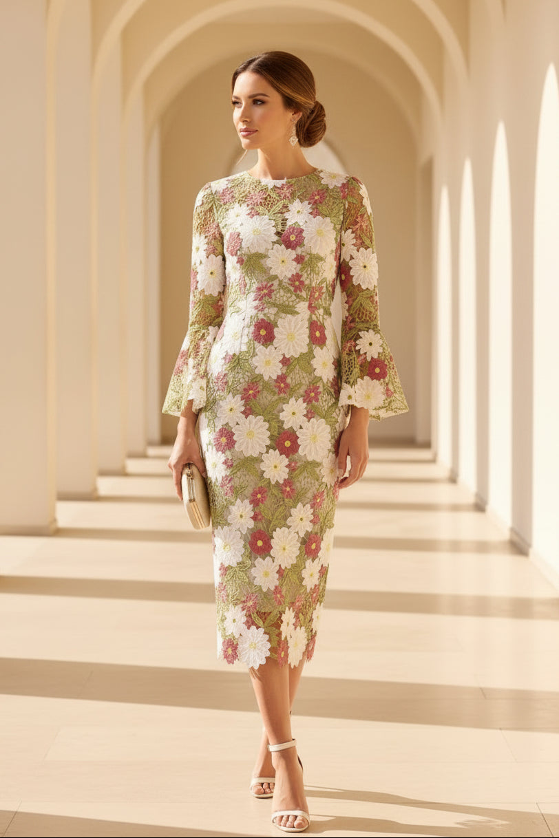 Florales Midi-Spitzenkleid mit Glockenärmeln