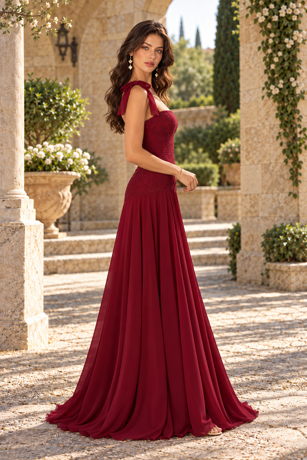 Lace Bodice Tie-Strap Chiffon Maxi Dress