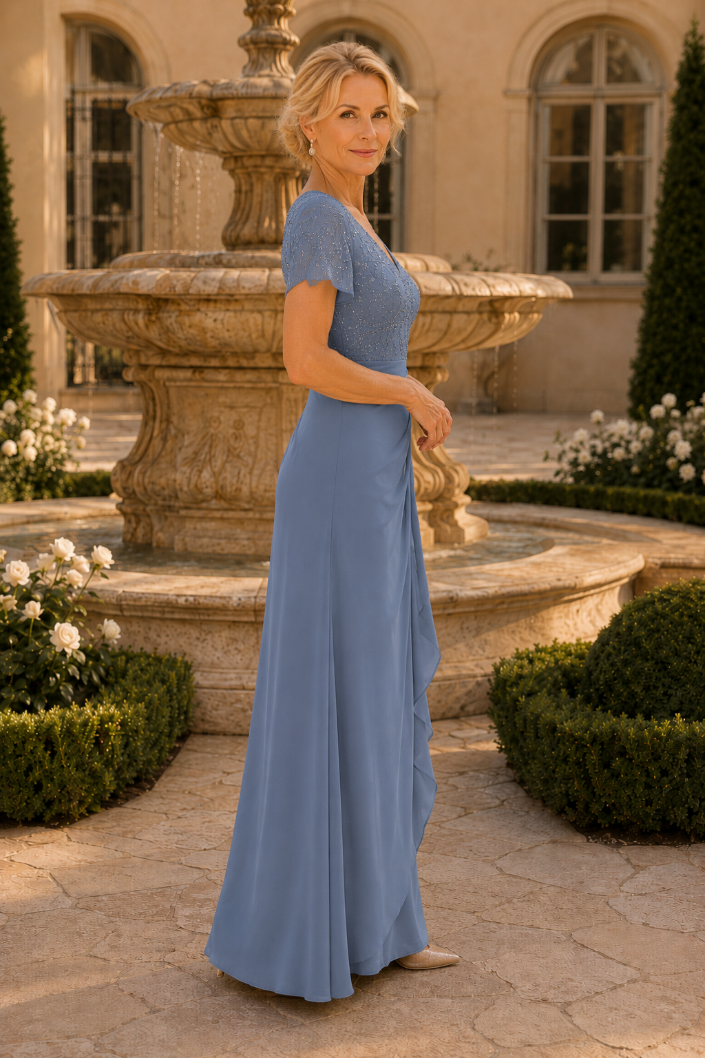 Maxikleid mit perlenbesetztem Oberteil und drapiertem Rock