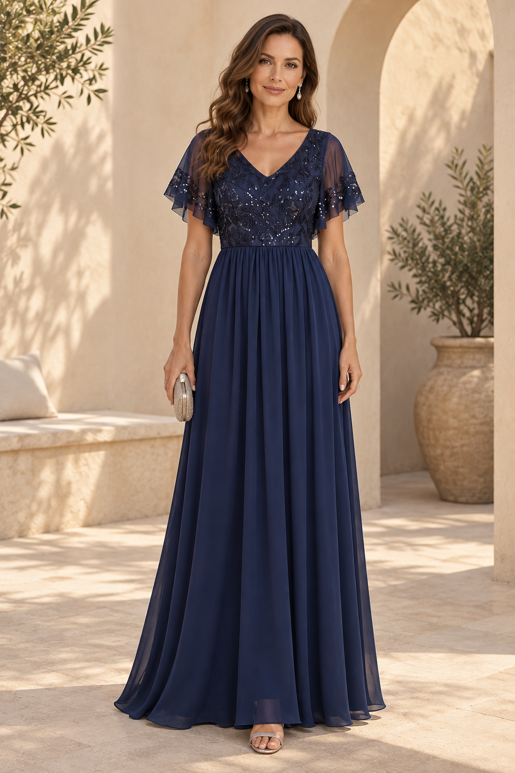 Sequin V-Neck A-Line Gown with Flutter Sleeves
