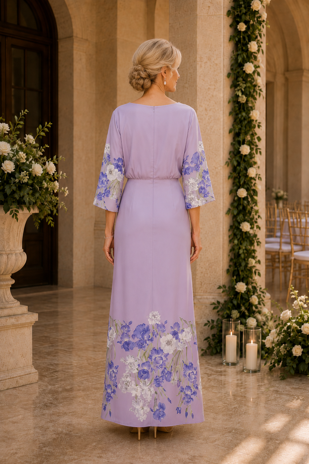 Maxikleid mit Blumenmuster am Saum und 3/4-Ärmeln
