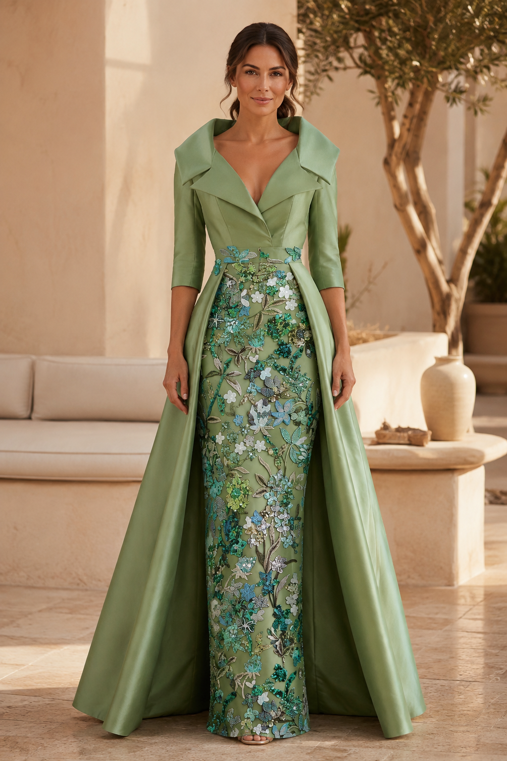 Blumen-Pailletten-Etui-Kleid mit Satin-Schleppe