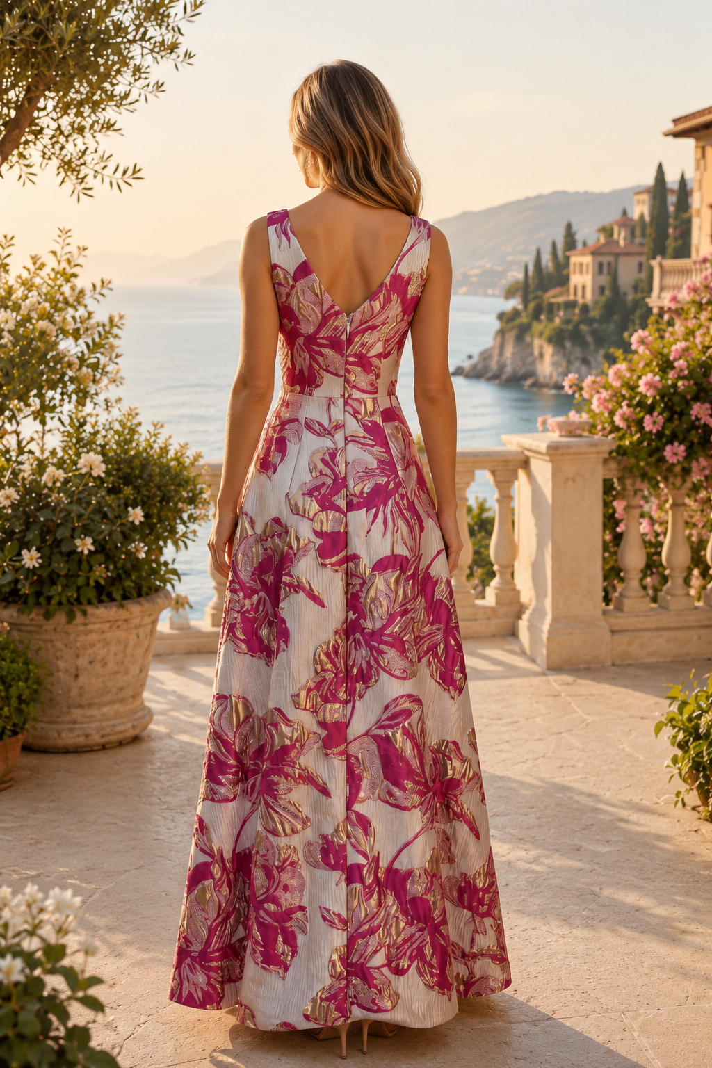 Metallic-Kleid mit Blumenmuster, gestuften Rüschen und A-Linie
