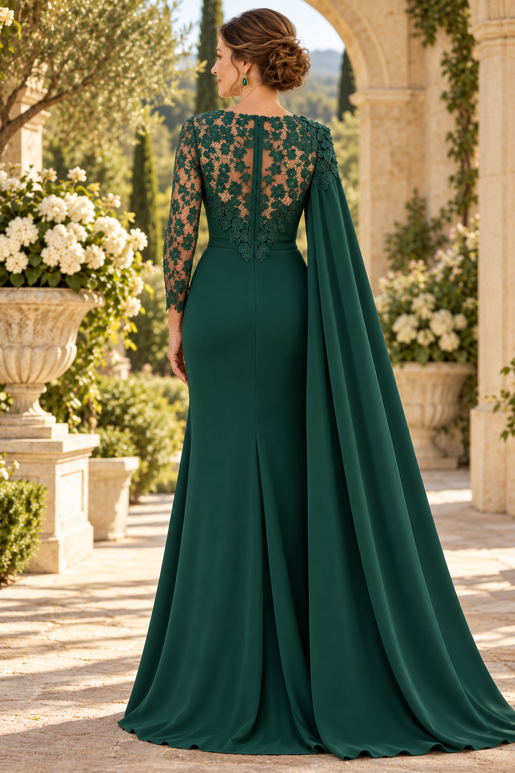 Cape Evening Gown with Lace Applique Inset