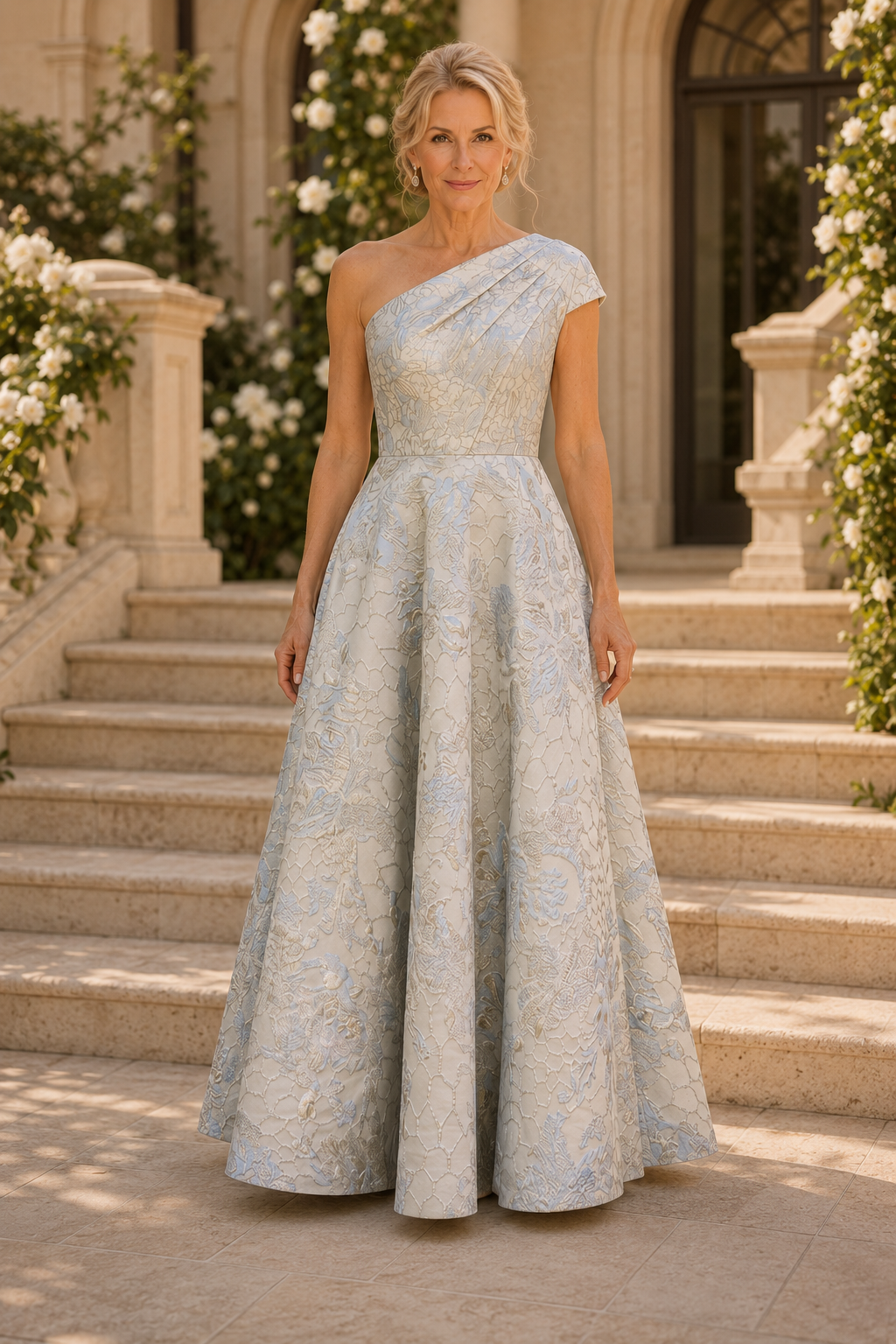 Blumenjacquard-A-Linien-Kleid mit einer Schulter